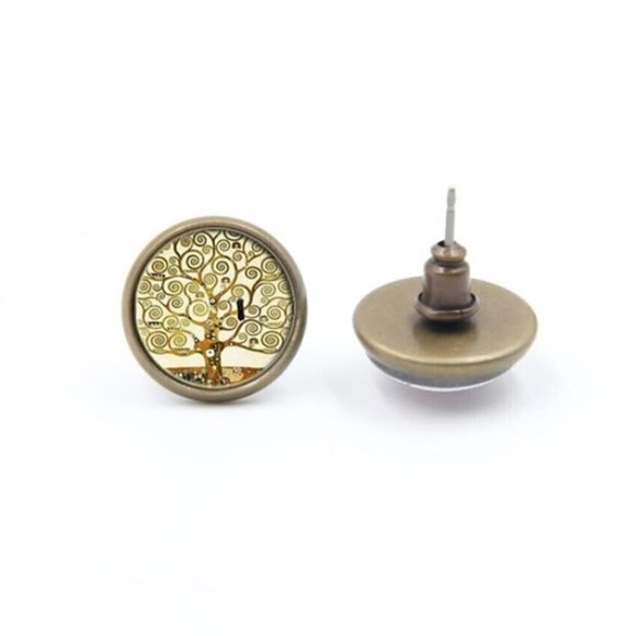 Gustav Klimt Tree of Life Art Glass Cabochon Round Antique Bronze Stud Earrings - Picture 2 of 3